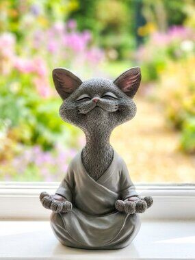HAPPY CAT Whimsical Zen Meditating Buddha Figurine Sculpture Resin Statue NEW